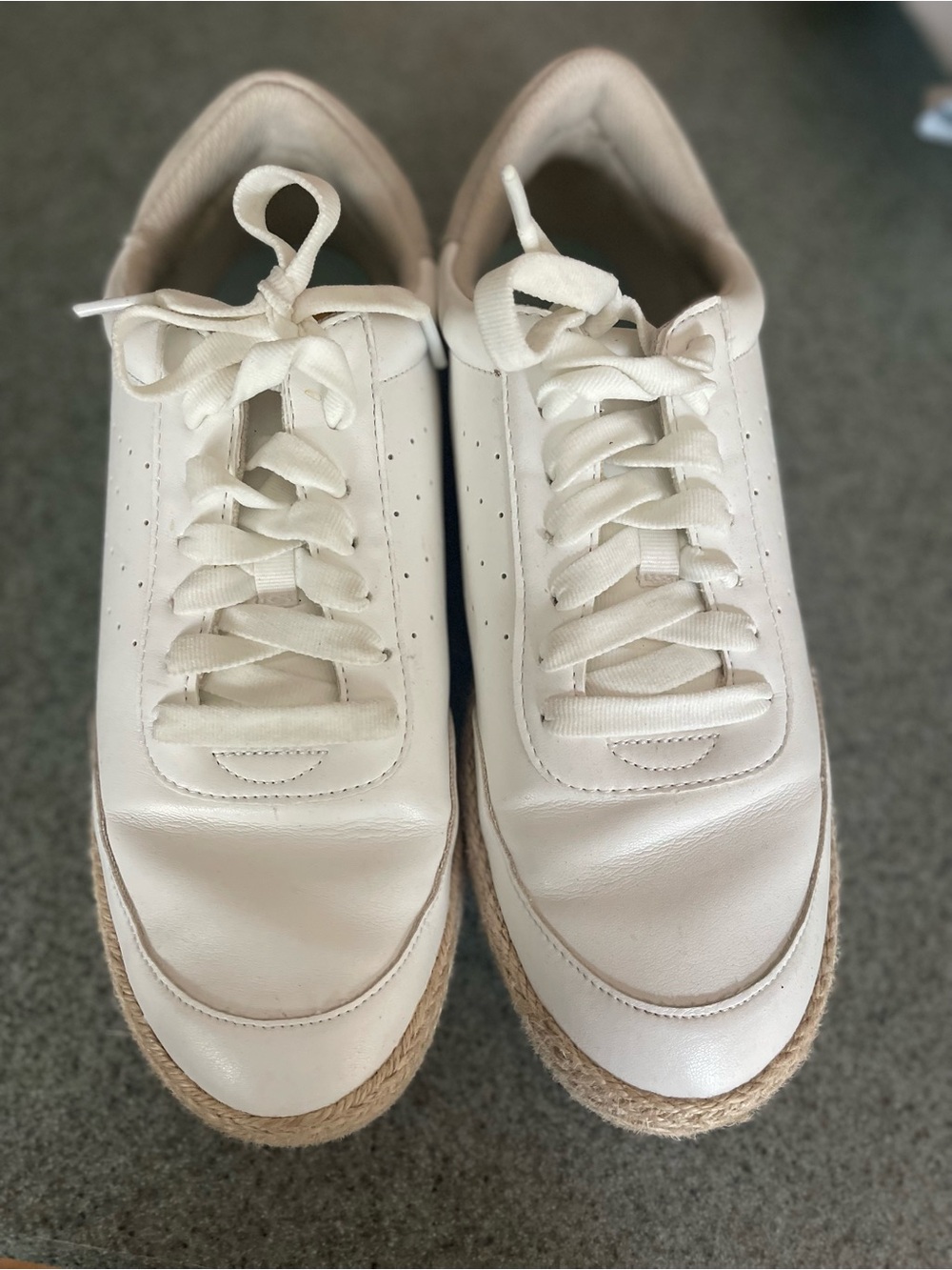 Women's White Platform Lace-Up Sneakers with Jute-Wrapped Sole